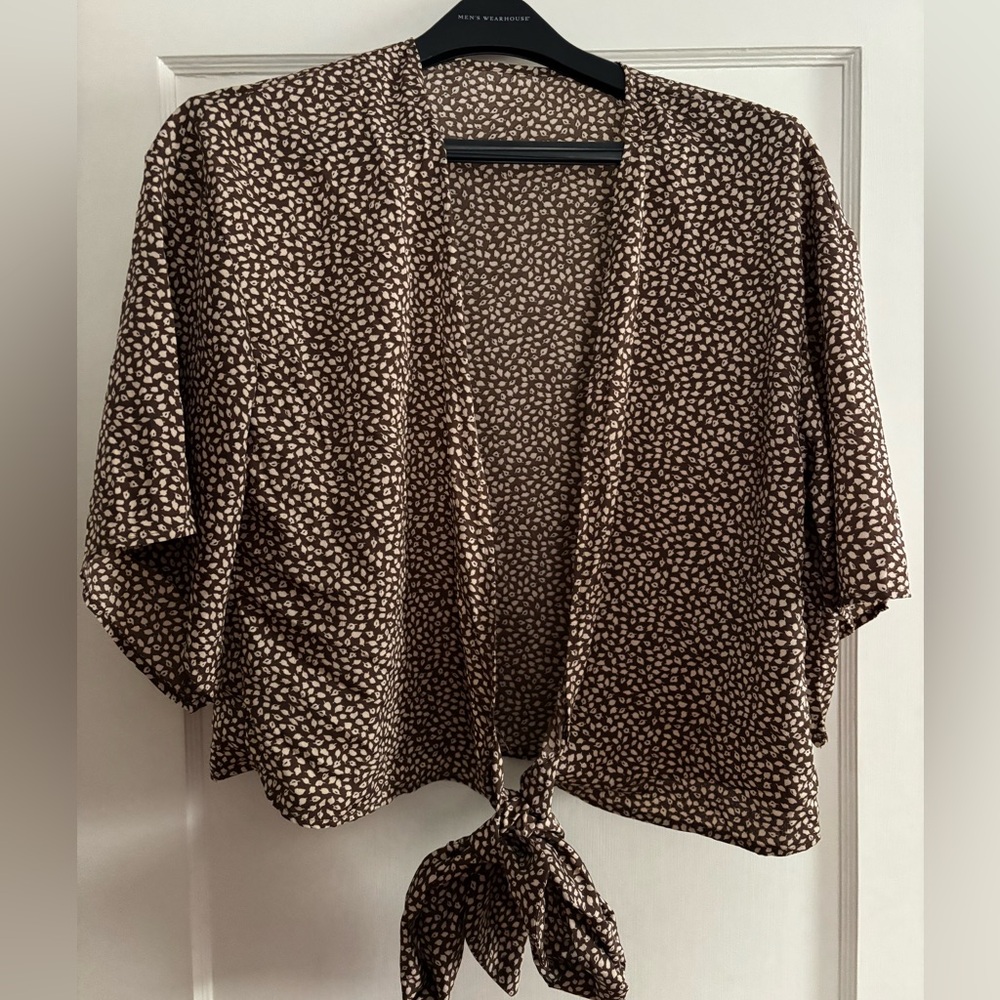SHEIN Brown and Cream Patterned Tie Blouse